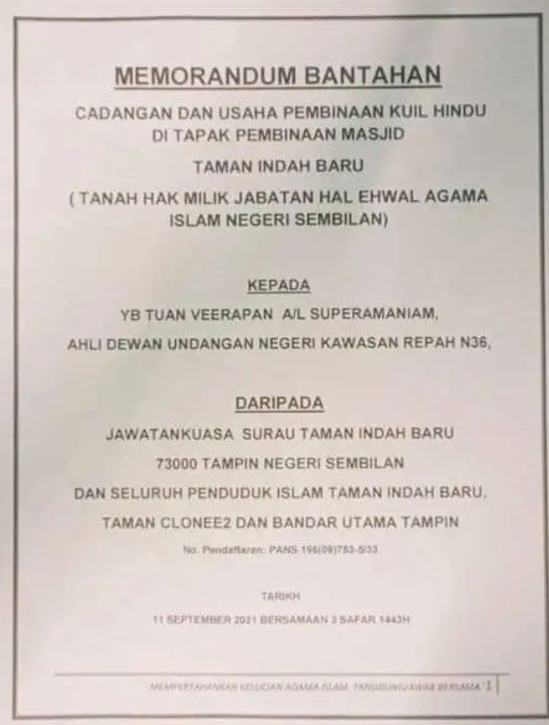 memorandum bantahan tampin kuil masjid